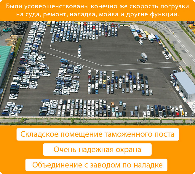Наш ярд (стоянка) в порту Кобэ завершен к 2008-му году. Были усовершенствованы конечно же скорость погрузки на суда, ремонт, наладка, мойка и другие функции. Складское помещение таможенного поста, Очень надежная охрана, Объединение с заводом по наладке, Возможность складирования до 700 автомобилей, Территория площадью 11,821m2